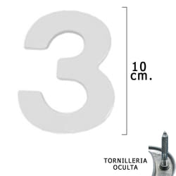 Chiffre Métal 3 Argent Mat 10 cm. avec vis cachées (Blister 1 pièce)