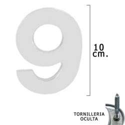 Métal Chiffre 9 Argent Mat 10 cm. avec vis cachées (Blister 1 pièce)
