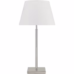 Lampe de table FIRENZE en acier fini en nickel satiné et abat-jour en coton fini en blanc. C'est une lampe de table élégante  ...