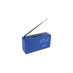 Radio-réveil bleu. Réveil numérique avec radio. Dimensions : 177 x 45 x 9 centimètres. Matériau : Bois