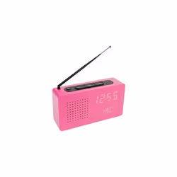 Radio-réveil rose. Réveil numérique avec radio. Dimensions : 177 x 45 x 9 centimètres. Matériau : Bois