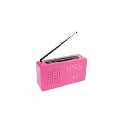 Radio-réveil rose. Réveil numérique avec radio. Dimensions : 177 x 45 x 9 centimètres. Matériau : Bois