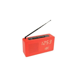 Radio-réveil rouge. Réveil numérique avec radio. Dimensions : 177 x 45 x 9 centimètres. Matériau : Bois