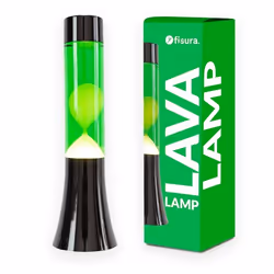 Lampe à lave jaune. Base noire liquide vert et lave jaune. Lampe à lave vintage. Dimensions : 9 x 9 x 31 cm – FISURA