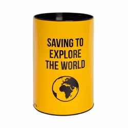 Tirelire originale pour les voyageurs Saving to explore. Grande tirelire pour adultes en acier. Dimensions : 13 x 20 cm - Fis ...