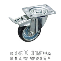 Roue Industrielle Plateau Caoutchouc Noir avec Frein 100mm