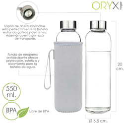 Bouteille d'eau en verre 550 ml. Housse en néoprène avec poignée. sans BPA