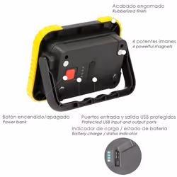 Lampe torche led rechargeable multifonction 2 000 mAh./10 W./500 Lumens/4 Aimants/Batterie Externe/Support 180º