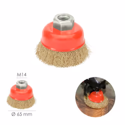Brosse boisseau en acier laitonné, ø 65 mm. Filetage M14/fil ø 0,30 mm.