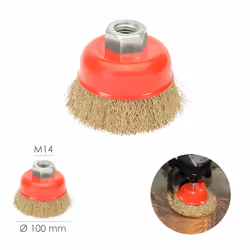 Brosse boisseau en acier laitonné, ø 100 mm. Filetage M14/fil ø 0,30 mm.