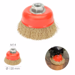 Brosse boisseau en acier laitonné, ø 120 mm. Filetage M14/fil ø 0,30 mm.