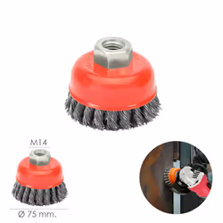 Brosse coupe en acier tressé ø 75 mm. Filetage M14/fil ø 0,50 mm.