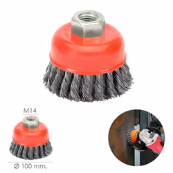 Brosse coupe en acier tressé ø 100 mm. Filetage M14/fil ø 0,50 mm.