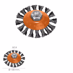 Brosse en acier tressé oblique ø 100 mm. x 10 mm. Filetage M14/fil ø 0,30 mm.