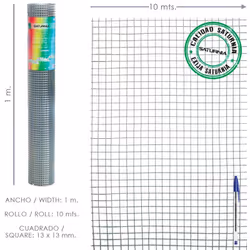 Malla Electrosoldada Galvanizada uso domestico. - Medidas: > Tamaño de luces/agujero: 13x13 mm. > Altura: 100 cm. > Rollo: 10 ...