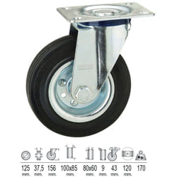 Rueda Industrial Goma Negra Placa 125 mm.