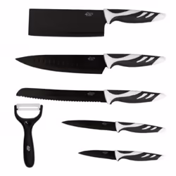 Set de couteaux professionnels style suisse de couleur noire. L`ensemble comprend : couteau de boucher de 15 cm, couteau de c ...