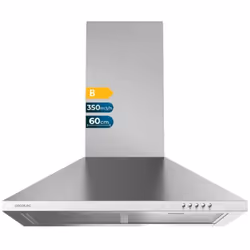 Hotte aspirante de 60 cm de large. Finition en acier inoxydable. Puissance d`aspiration : 350m3/h. Puissance moteur : 65 W Cl ...