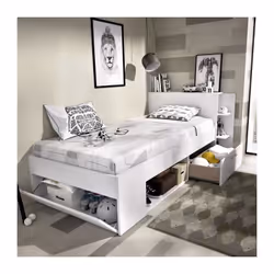 SAX Lit enfant composé d'une tete de lit avec multiples rangement, 1 niche, 1 tiroir, 1 coffre en bout de lit - Coloris : Bla ...