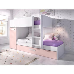 Lits superposés avec tiroir lit gigogne et rangements 3 x 90 x 190 cm - Blanc et rose - ANTHONY
