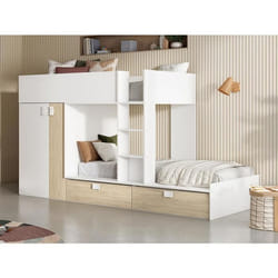 Lits Superposés 2 x 90 x 190 cm - Armoire intégrée - Blanc et naturel - JUANITO