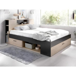 Lit avec tête de lit rangements et tiroirs - 140 x 190 cm - Coloris : Naturel et anthracite - LEANDRE