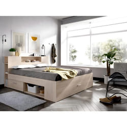 Lit avec tête de lit rangements et tiroirs - 140 x 190 cm - Coloris : Naturel - LEANDRE