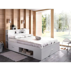 Lit avec tête de lit rangements et tiroirs - 160 x 200cm - Coloris : Blanc - LEANDRE