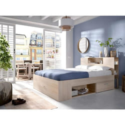 Lit avec tête de lit rangements et tiroirs - 160 x 200 cm - Coloris : Naturel - LEANDRE