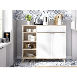 Buffet de cuisine WAJDI - 2 portes 1 tiroir et 4 niches - Blanc et chêne