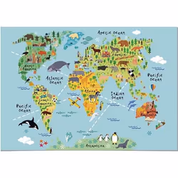 Poster Panorama pour chambre d’enfants Carte du Monde Animaux30x21 cm - Imprimée sur Poster - Décoration Murale Enfant