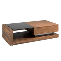 Table Basse - PARIS PRIX - Lucia - 130cm - Bois Noyer - Vitrail - Design Contemporain
