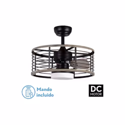 Ventilateur DC série PELLA en métal, MDF et verre, de couleur NOIR/COULEUR BOIS. Avec 3 pales en MDF très résistantes et une ...