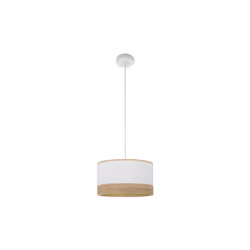 Suspension de la série OLGA de en BLANC avec abat-jour en BLANC/CLARA WOOD. Fabriquée en textile et en métal. La lampe est éq ...
