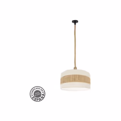 Pendentif du serie NICARAGUA de couleur NOIRE et corde de SOGA avec abat-jour de design en tissu de lin et roseau BLANC/NATUR ...