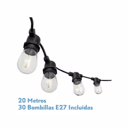 Guirlande de Luminaires d'extérieur de 20 mètres de longueur de la série VERBENA avec 30 ampoules E27 led remplaçables. Fabri ...