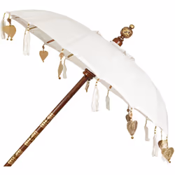 Parapluie balinais blanc à pompons Matériau : coton/bois. Couleur blanche Assemblage requis : NON 120x120x200cm