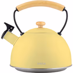 Briebe - Pastel Bouilloire à Induction Théière Sifflet 2,3L Acier Inox. Retro, Poignée en Bois Jaune