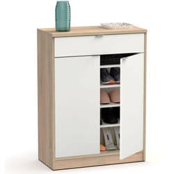 Briebe Domus briebe Meuble à Chaussures Entrée, Meuble Rangement 2 Portes Tiroir 101x75x36cm Blanc/Bois