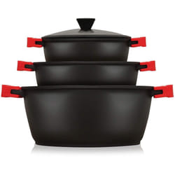 BLACKT3 Batterie de Cuisine Induction 6 Pièces Aluminium Fonte 3 Casseroles 3 Couvercles Noir - Briebe