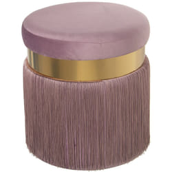 Fijalo - Pouf Velours Rose Avec Franges, Bande Acier Doré : 7 Cm, Dm/Poly °40X44 Cm, Franges : 29 Cm