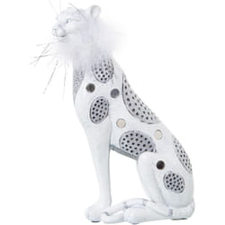 Fijalo - Figurine Léopard Blanc/Argent En Résine Avec Plume Artificielle 16X8X25 Cm