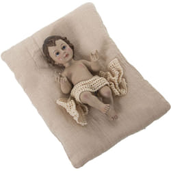 Fijalo - Figurine en résine Enfant Jésus 18 Cm avec Coussin en Lin Beige Fig:9X18X7 Cm Coussin═N:22X15X4 Cm