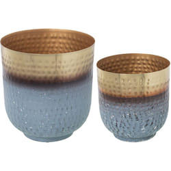 Fijalo - Lot de 2 Pots de Fleurs en Métal Doré/Bleu Clair 26X26X30+21X21X24 Cm