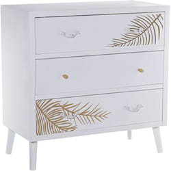 Commode en Bois avec 3 Tiroirs en Relief Blanc + Feuille d'Or 80x40x80 Cm, Sapin+Dm