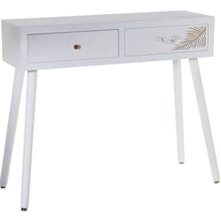 Table d'entrée en bois avec 2 tiroirs blanc gaufré + feuille dorée 90x30x78 cm, sapin+Dm