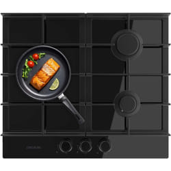 Cecotec - Table de cuisson à gaz 3 feux Bolero Squad g 3400F Glass Black, 6,2kW, Glass Black, Grilles en fonte, Brûleur triple wok, Allumage