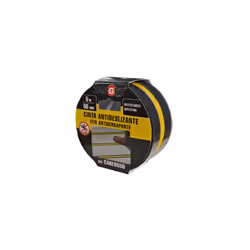 Rouleau de 5 mètres. Couleur noire avec bande jaune. Autocollant.