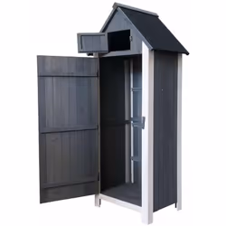Armoire en bois de pin idéale pour ranger des outils ou des ustensiles de jardinage. Le côté droit dispose de trois étagères ...