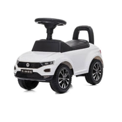 DEVESSPORT Porteur Auto Enfant Volkswagen T-Roc Blanc sous Licence Officielle VW Volant Sonore Siège Coffre 1-3 Ans